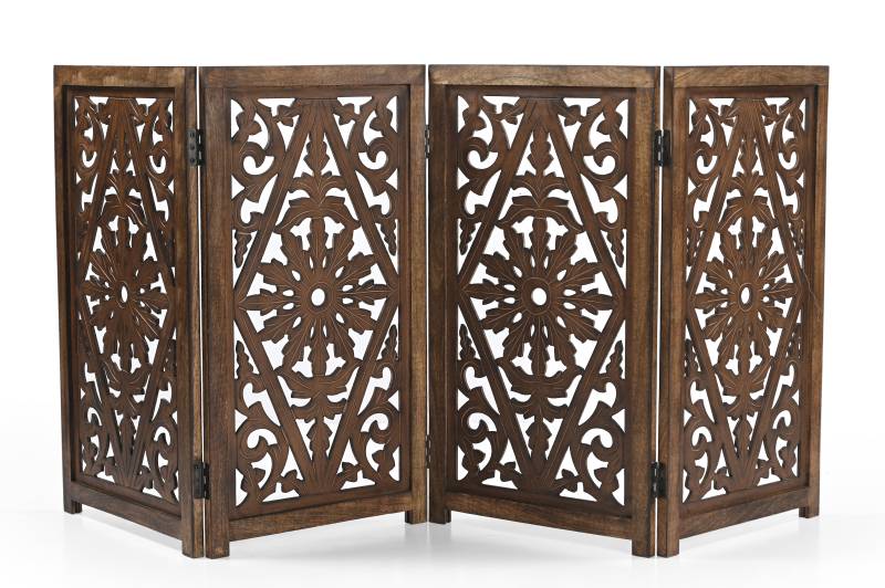 Handmade Mango Wood Dog Gate - Freestanding 4-Piece Pet Gate, Brown, Foldable Safety Fence & Fireplace Guard for Dogs, Cats & Children - 180x2x84 cm von Marudhara