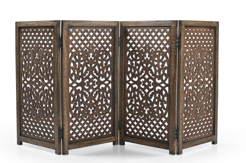 Handmade Mango Wood Dog Gate - Freestanding 4-Piece Pet Gate, Light Brown, Foldable Safety Fence & Fireplace Guard for Dogs, Cats & Children - 180x2x84 cm von Marudhara