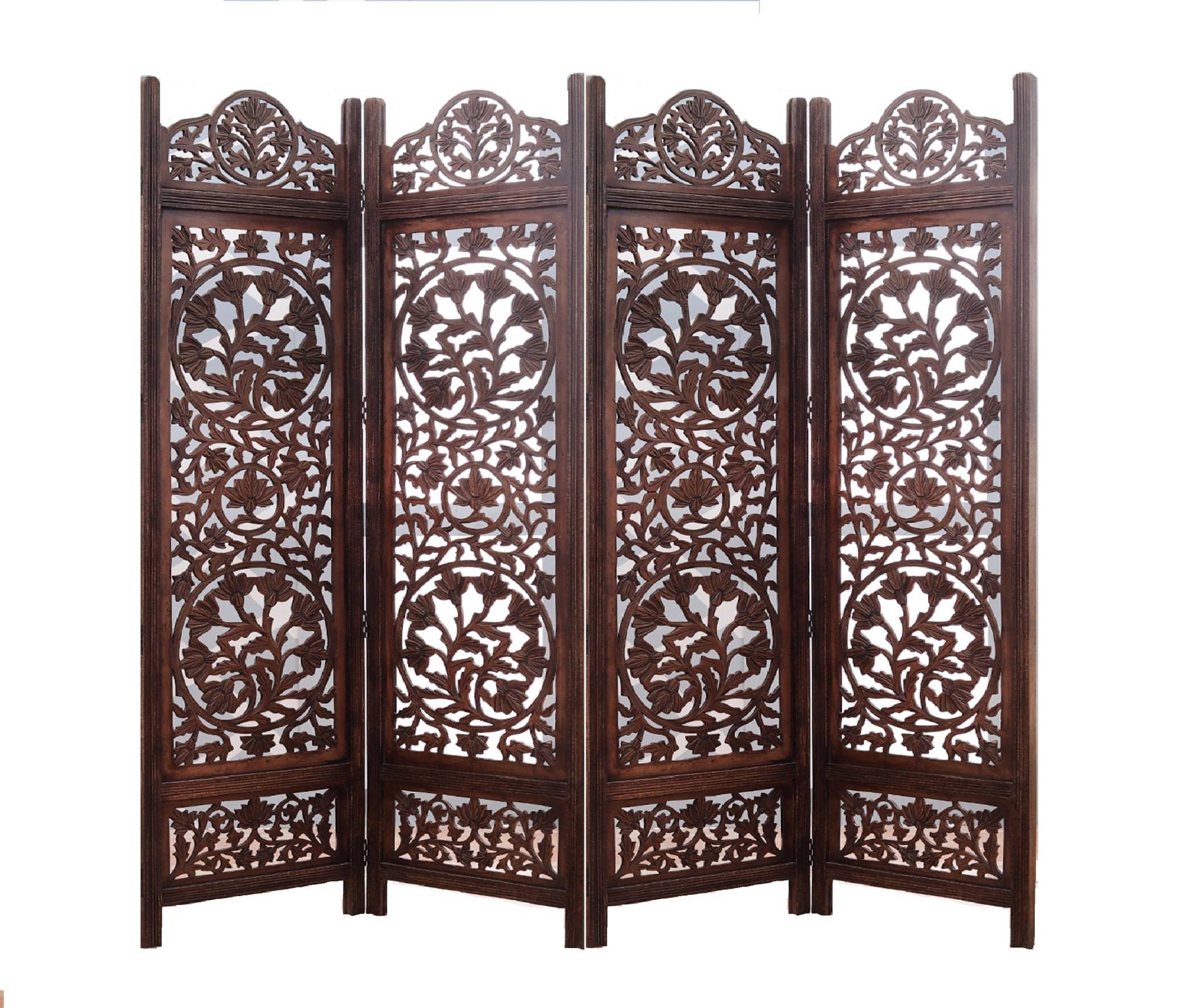 Handmade Mango Wood and MDF Screen with Floral Designs, 4 Pieces, Space Saving, Decorative Privacy Screen for Living Room, Bedroom, Office & Balcony, 203x2x180 cm, Brown von Marudhara