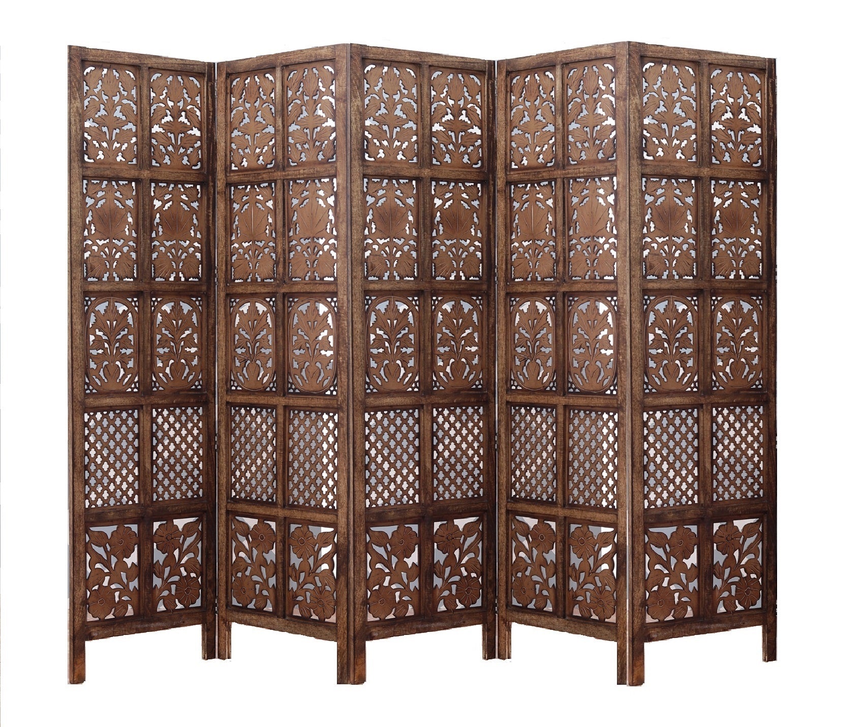 Mango Wood and MDF Room Divider - 5 Panel Floral Handmade Screen, Privacy Screen & Decoration for Living Room, Bedroom, Balcony & Office - Brown 241x3x180 cm von Marudhara