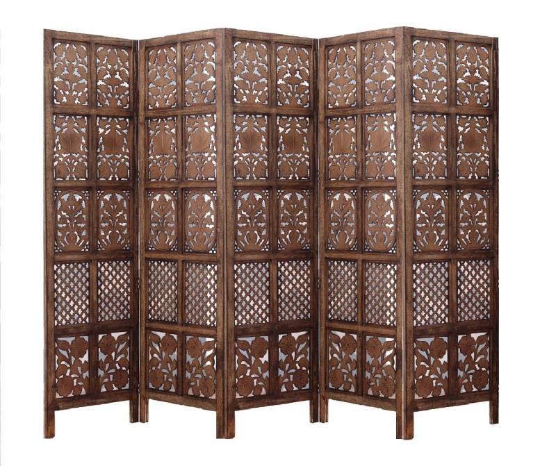 Mango Wood and MDF Room Divider - 5 Panel Floral Handmade Screen, Privacy Screen & Decoration for Living Room, Bedroom, Balcony & Office - Brown 241x3x180 cm von Marudhara