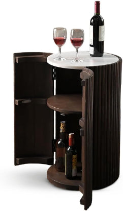Modern Cylindrical Wooden Bar Cabinet with White Marble Top – Compact Bar Table Storage von Marudhara