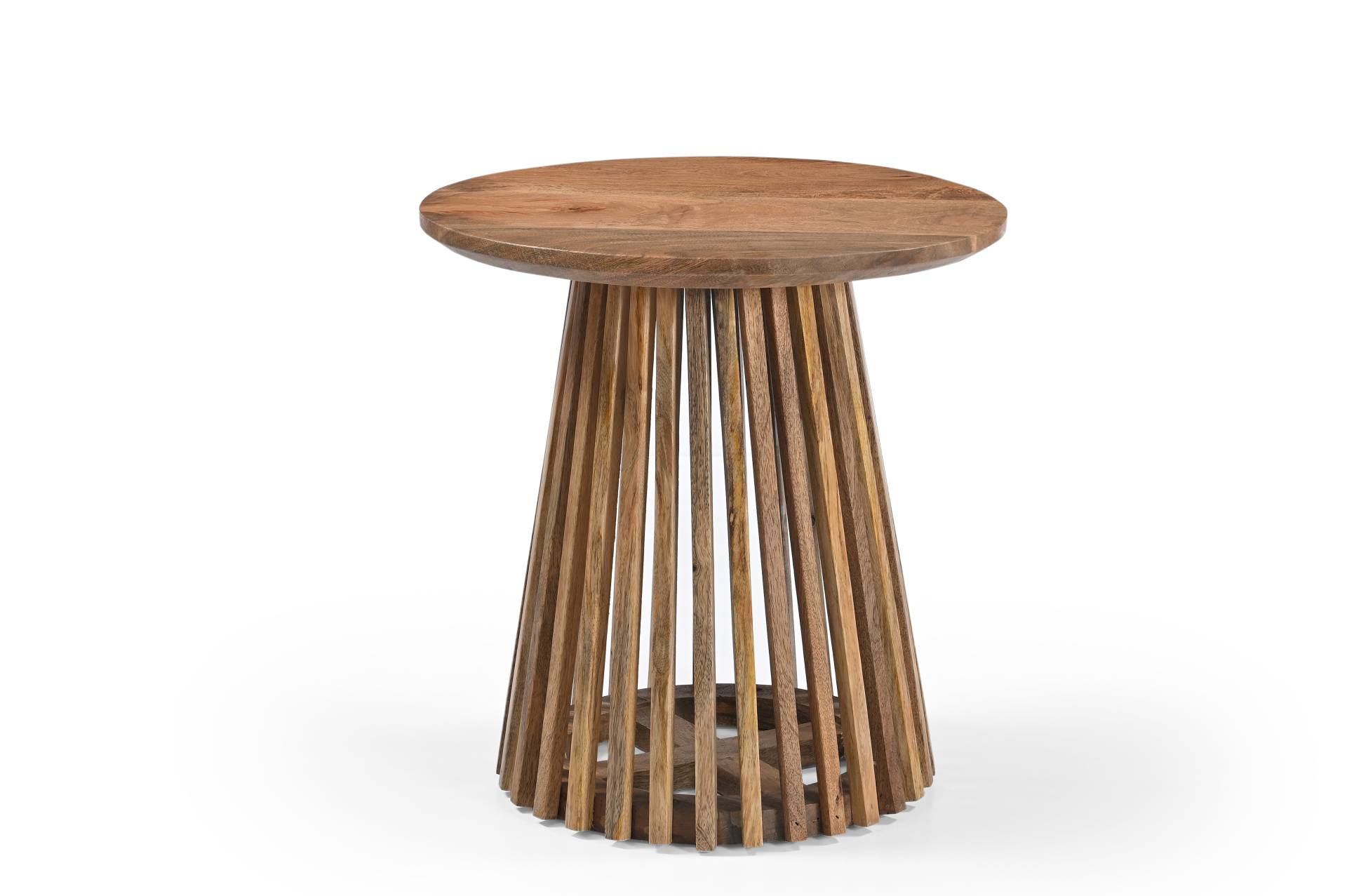 Round Luxury Mango Wood Coffee Table with Grid Frame, Stylish Modern Slatted Side Table in Boho Style for the Living Room, Rustic Natural Finish, Elegant and Durable, 50x50x50 cm von Marudhara