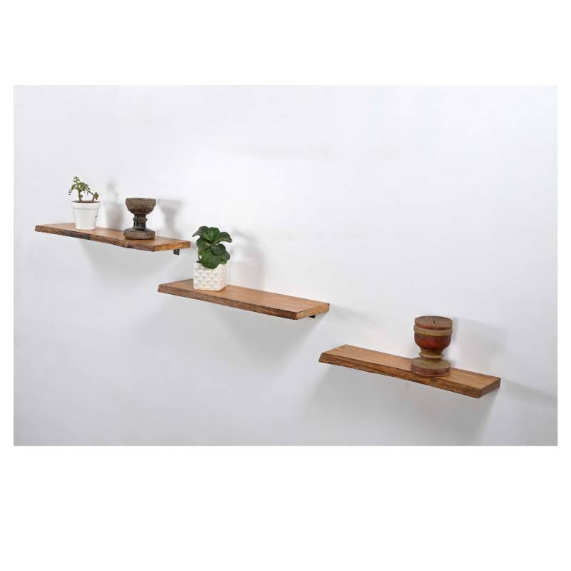 Rustic Floating Wooden Wall Shelf – Solid Wood with Industrial Brackets, Set of 3 von Marudhara