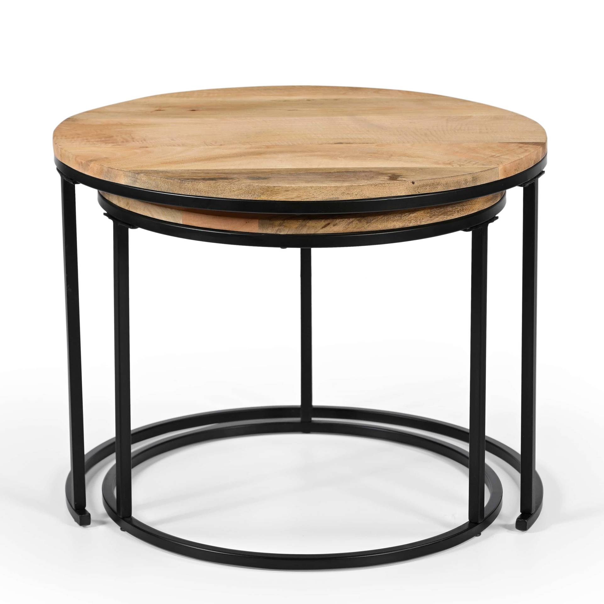 Rustic Round Wooden Side Tables – Set of 2 with Industrial Metal Legs von Marudhara