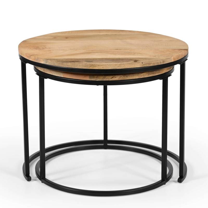 Rustic Round Wooden Side Tables – Set of 2 with Industrial Metal Legs von Marudhara