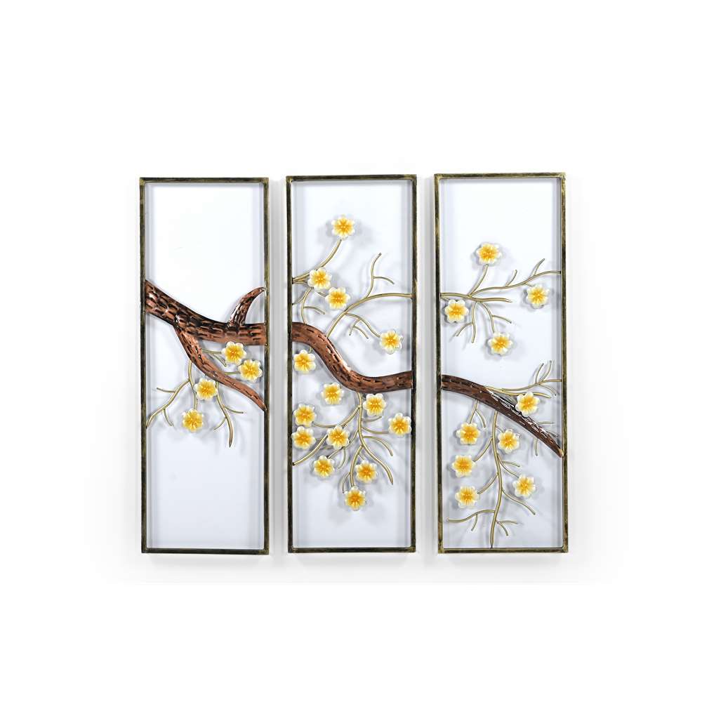 Set of 3 Cherry Blossom Tree Panel Wall Art in Gold and Yellow 92 x 3 x 95 cm von Marudhara