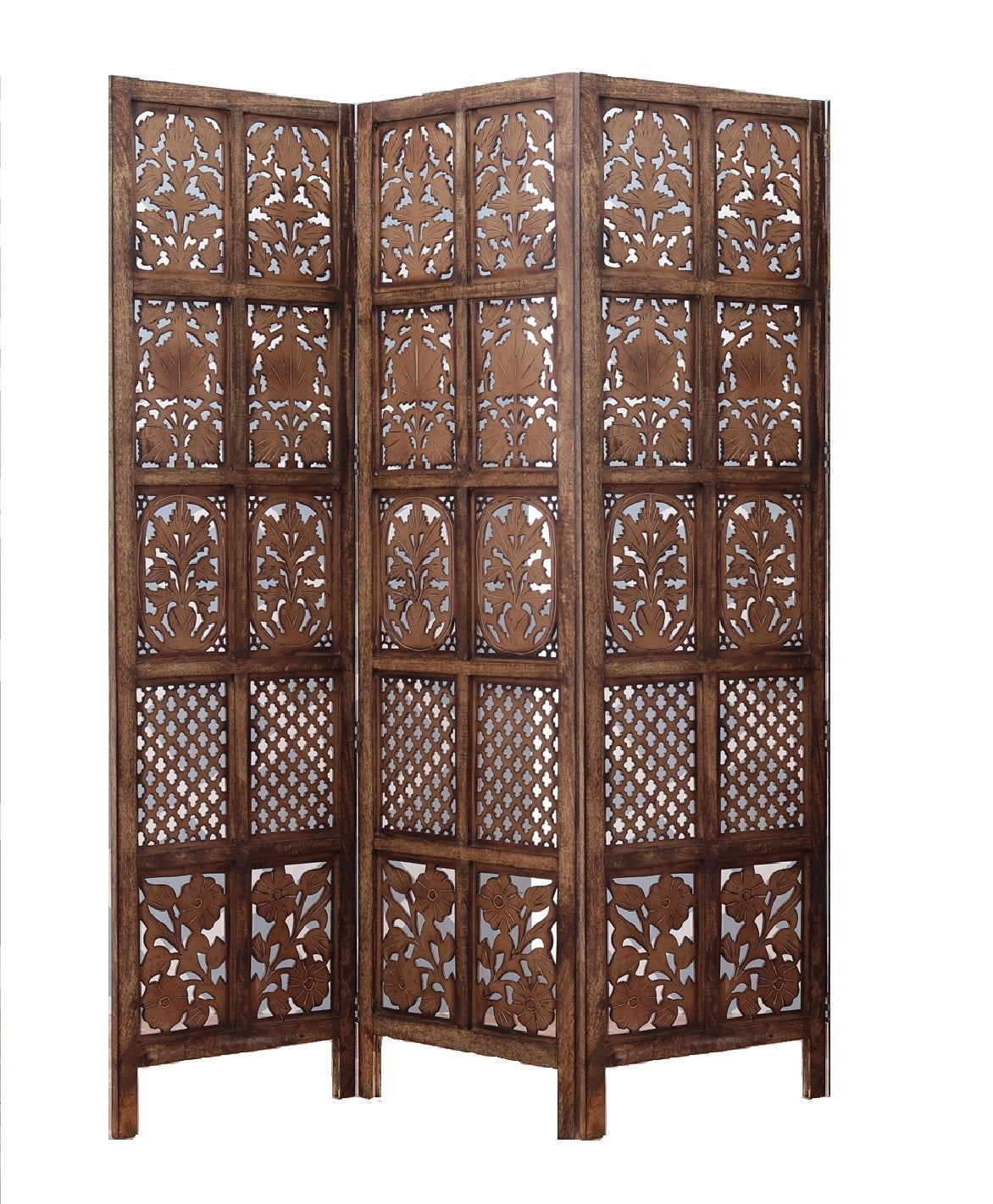 Solid Mango Wood Screen and MDF - 3-Panel Handmade Screen Space Saving Balcony Privacy Screen Decorative Divider for Living Room Bedroom Office - Brown Finish 150x2x180 von Marudhara