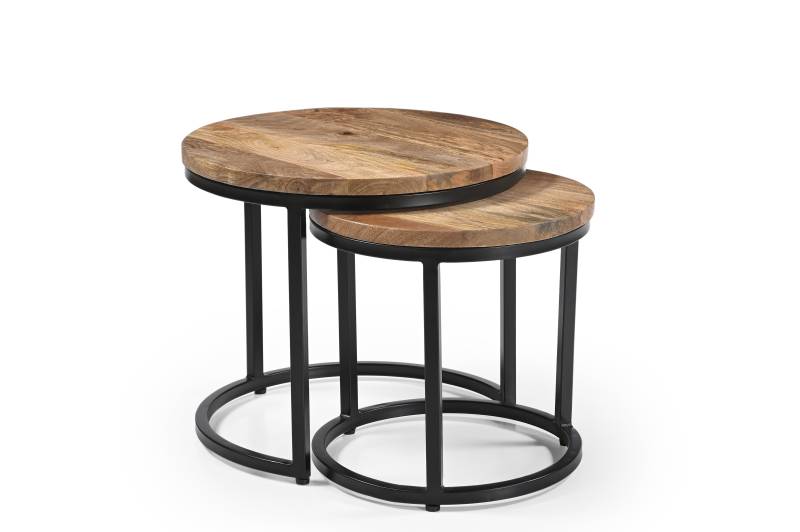 iAnanas Set of 2 Round Coffee Tables, Handmade Mango Wood Top and Iron Frame, Natural Finish, Modern, Industrial Minimalist Design for Living Room, Office - 50x50x43, 40x40x38 cm von Marudhara