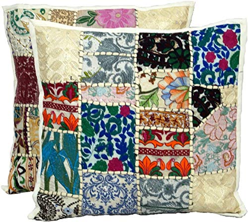 Marusthali Indian Handwork Decorative Vintage Sequins Patchwork Embroidery Exclusive Floor Home Decor Cushion Cover 40cm x 40cm (White, 2) von Marusthali