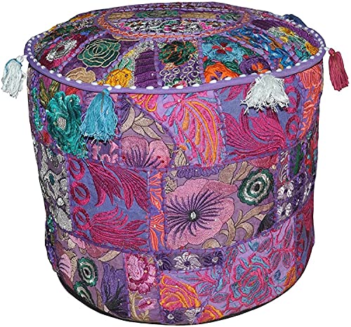 Indischer bestickter Patchwork-Bezug, bequemer Bodenkissen, Baumwolle, Ottomane, Ethno-Pouf, 46 x 34 cm von Marusthali