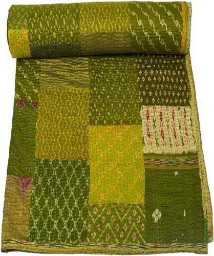 Marusthali Seidendecke, indische Bettdecken, Vintage-Bettüberwürfe, handgefertigt, Kantha, indische Steppdecken, Seiden-Bettwäsche, Tagesdecke, Seide, Kantha-Bettbezüge (Mehandi, Doppelbett, 152,4 x, MQLTGRD0505-To-MQLTGRD0520 von Marusthali