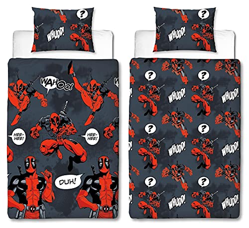 Marvel Deadpool Bettbezug für Einzelbett, offizielles Lizenzprodukt, wendbar, zweiseitiges Design, Schwarz/Rot von Marvel