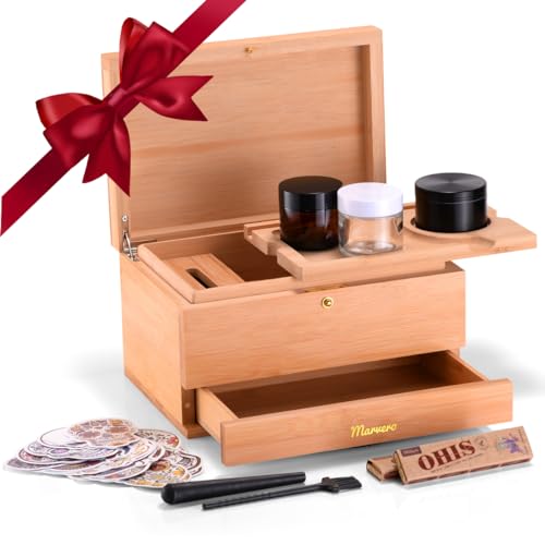 Marvero Großes Bambus Box Tablett Set, Geschenk Set Grinder Box Premium Stash Box Herausnehmbares Tablett | Gläser Crusher Set| Allem Zubehör (25 * 18 * 14 CM) von Marvero