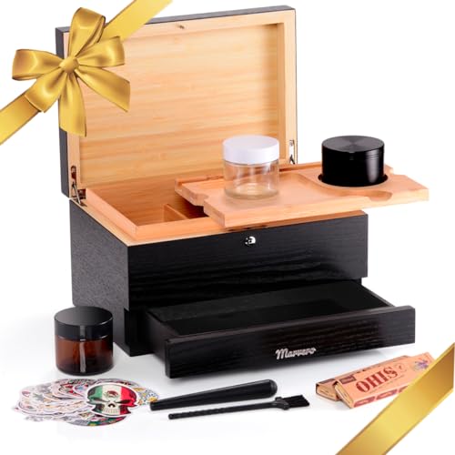 Marvero Großes Bambus Box Tablett Set, Geschenk Set Grinder Box Premium Stash Box Herausnehmbares Tablett | Gläser Crusher Set| Allem Zubehör (25 * 18 * 14 CM) von Marvero