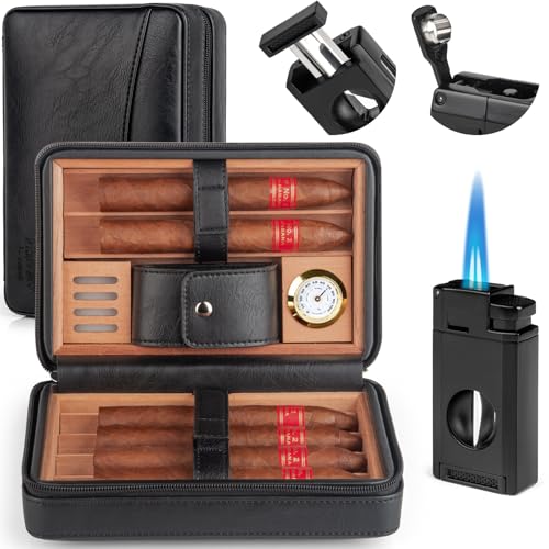 Marvero Leder Zigarrenhumidor Reise Set mit Hygrometer & Befeuchter - Tragbarer Reise Humidor für 6 Zigarren,3-in-1 Zigarrenanzünder, V-Cutter & Punzierer von Marvero