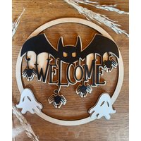 Welcome Halloween Türschild Aus Holz | Herbst Türkranz Happy Herbstdekoration Welcome Halloween Türschild Aus Holz | Herbst Türkranz Happy Herbstdekoration von MarywoodManufaktur