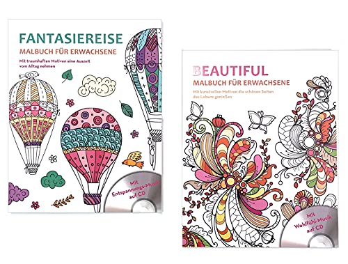 2er Set große Erwachsenen Malbücher mit Musik CD für Entspannung, Meditation & Anti-Stress (Fantasiereise & Beautiful) von Marzoon