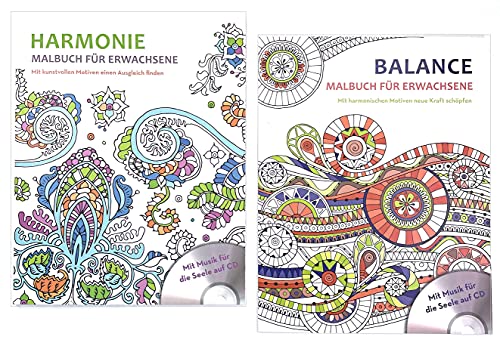 2er Set große Erwachsenen Malbücher mit Musik CD für Entspannung, Meditation & Anti-Stress (Harmonie & Balance) von Marzoon