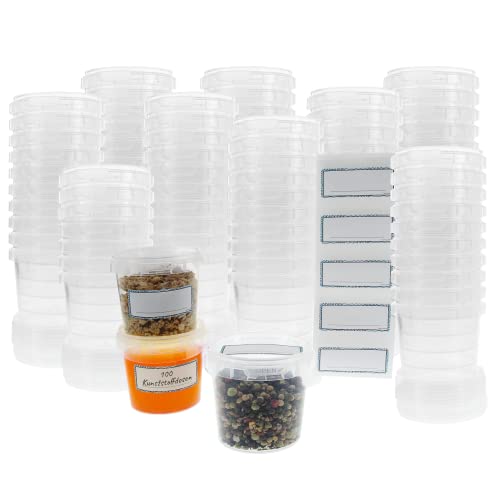 Marzoon 100 Stück Plastik Vorratsdosen mit Deckel 155ml, transparent, runde Dosen Ø 69mm, wiederverwendbar mit Aufkleber - Ideal für Lebensmittel - Plastikbecher - Feinkostbecher - Universaldose von Marzoon
