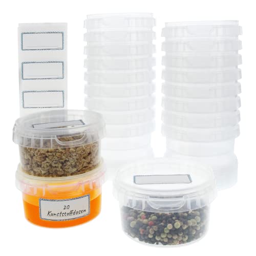 Marzoon 20 Stück Plastikbecher mit Deckel 240ml, rund Ø 95mm, kleine Dosen transparent, Kunststoff Vorratsdosen wiederverwendbar mit Aufkleber von Marzoon