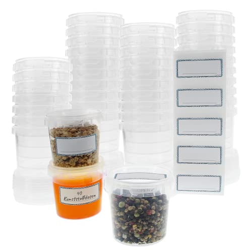 Marzoon 40 Stück Plastik Vorratsdosen mit Deckel 155ml, transparent, runde Dosen Ø 69mm, wiederverwendbar mit Aufkleber - Ideal für Lebensmittel - Plastikbecher - Feinkostbecher - Universaldose von Marzoon