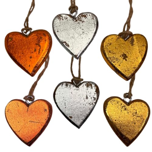Marzoon Massive Holzherzen zum Hängen im 6er Set je 4 x 5 cm - Rustikale Dekoherzen im Shabby Chic Look mit Metalleffekt in Silber, Bronze & Gold von Marzoon