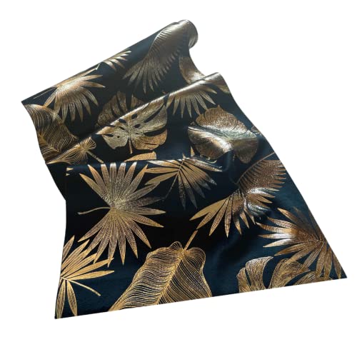 Modischer Tischläufer 28 x 150 cm Tischfahne schmales Tischtuch aus Samt mit goldenem Foliendruck (Petrol mit Blätter Mix) von Marzoon