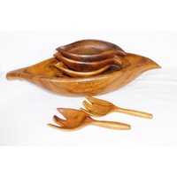 Vintage Affenschote Handgeschnitzte Holz Salatschüssel Set Mit 4 Servierschalen Und Löffeln von MashliDesign