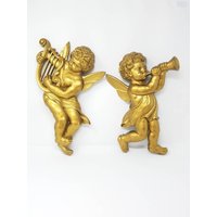 Vintage Syroco Cherubs Wanddekor Mitte Des Jahrhunderts 1963 Satz Von Zwei Goldton-Kunststoff von MashliDesign