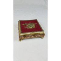 Vtg Blue Bird Süßwaren Samt Geprägt Litho Blechdose England Gold Ton Rot von MashliDesign