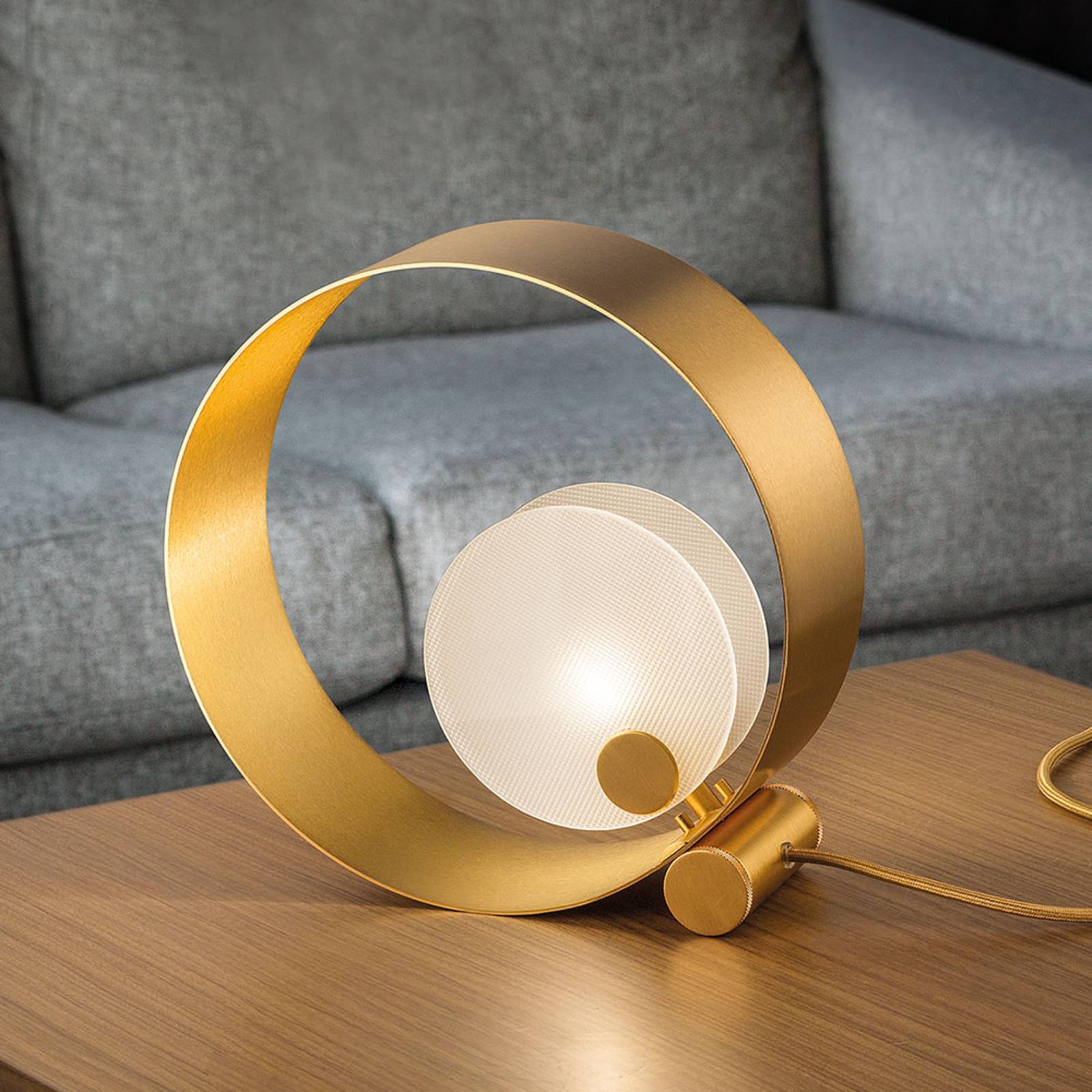 Tischleuchte Sound TL1, rund, goldener Rahmen, G9 von Masiero