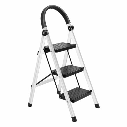 Klappbarer Tritthocker Trittleiter 3 Stufen Aus Stahl 150kg Traglast Robuster Tritt Mit Sicherheitsverriegelung Für Haushalt Wohnmobil Und Outdoor (Weiß) von Masiunoz