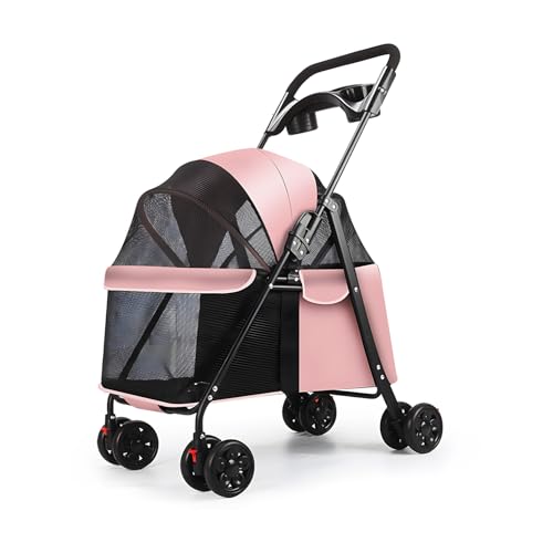 Masiunoz Faltbarer Kinderwagen, Katze und Hundereisewagen mit atmungsaktivem Oberlicht und Zwei Bremsen, 360-Grad-Rotationsrädern, Tassenhalter, geeignet für kleine Hunde und Katzen geeignet Rosa von Masiunoz