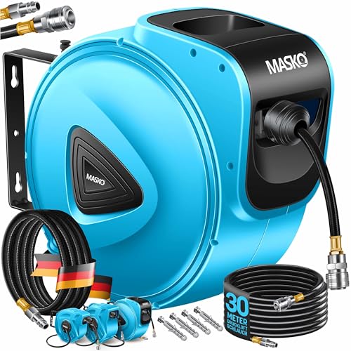 MASKO® 30m Druckluftschlauch Aufroller automatisch 1/4" Anschluss - Schlauchtrommel Wandschlauchhalter Schlauchaufroller Druckluftschlauch-Aufroller Druckluftschlauch-trommel Blau von MASKO