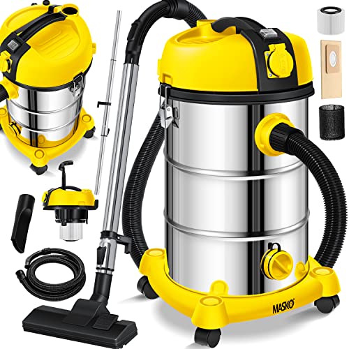 MASKO® Industriestaubsauger Staubsauger Nass Trocken Sauger Edelstahl 2300W + Steckdose | Blasfunktion | Trocken-Saugen & Nass-Saugen | Push&Clean | Industrie-Sauger mit & ohne Beutel | beutellos von MASKO