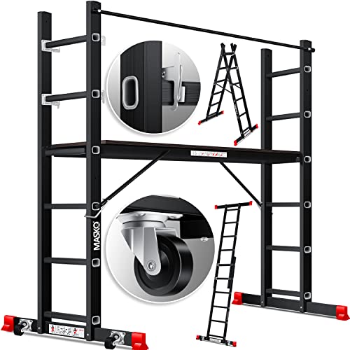Masko® Baugerüst Alugerüst Gerüst ✓ Alu ✓ Leiter ✓ Arbeitsgerüst ✓ Arbeitsbühne | bis 150 KG belastbar | Anti-Rutsch beschichtet | Gerüstleiter | GS geprüft (EN 131) von MASKO