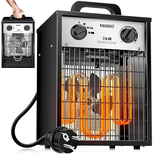 Masko® Elektroheizer Heizlüfter Bauheizer 3 KW mit integriertem Thermostat elektrisch Heizgerät 3000 Watt 3 Heizstufen Heizgebläse für Innen- und Außeneinsatz Überlastschutz Elektroheizgebläse Weiß von MASKO
