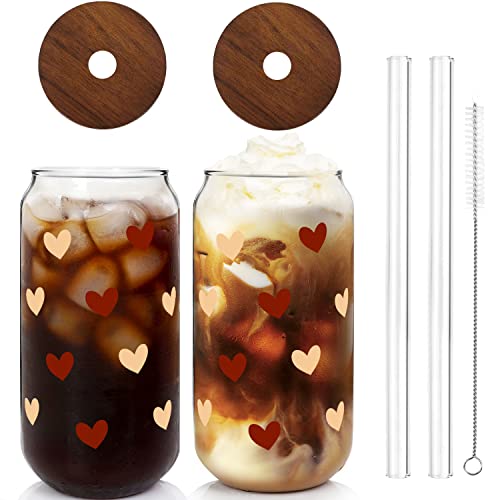 Eiskaffeetassen, Valentinstagstassen, Geschenke für Sie und Frauen, 530 ml, Herz-Tasse, Glasbecher, Liebesdose, Paare, Trinkgläser, Glasbecher mit Bambusdeckel und Strohhalm, braune Herz-Glastasse – 2 von Mason Life