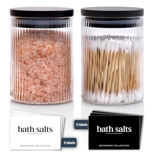 Mason & Fable Geripptes Glas-Set für das Badezimmer, 300 ml, mit Tablett, Aufbewahrungsbehälter mit luftdichten schwarzen Bambusdeckeln, Wattepad/Tupfer, Q-Tip-Halter, Badesalz, transparenter von Mason & Fable