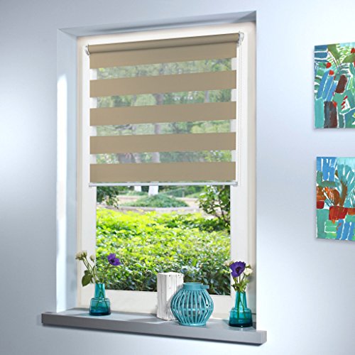 Doppelrollo nach Maß, Maßanfertigung Klemmfix nach Maß zum klemmen ohne bohren klemm Duo Rollo Rollo nach Maß, für Fenster und Türen, Klemmfix ohne Bohren (160cm Höhe x 95cm Breite / Light Brown) von Mass-Gardinen-Shop