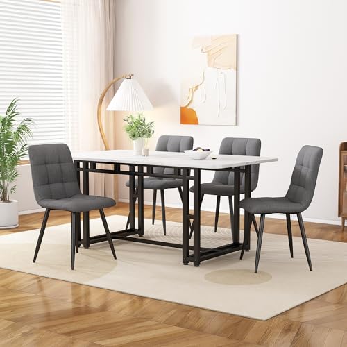 Massbinet 120x70cm Schwarz Esstisch mit 4 Stühlen Set Moderne Küche Esstisch Set Dunkelgrauer Leinen Esszimmerstuhl Schwarz Eisen Beintisch von Massbinet