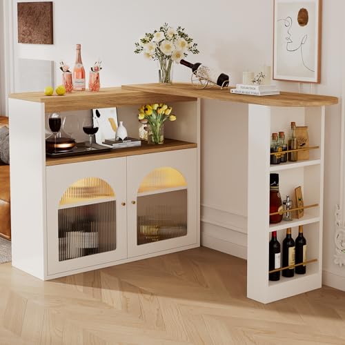 Massbinet 138-193X39X105CM Moderner ausziehbarer Bartisch Ausziehbarer Esstisch mit Stauraum Stehtisch Bistrotisch drehbar für Esszimmer Mit 1m langem LED Lichtstreifen(Einstellbare Lichtfarbe) Weiß von Massbinet