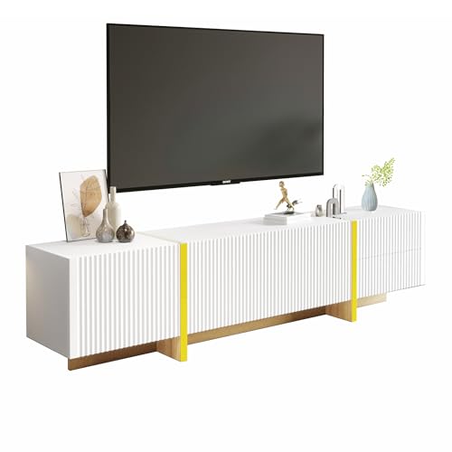 Massbinet 190 cm TV Schrank 3 Türen 2 Schubladen Weiß mit Gold und Holzmaserung von Massbinet