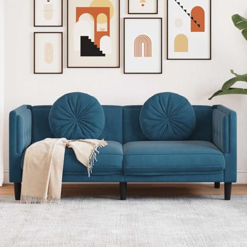 Massbinet 2-Sitzer Bequeme Sofas Couches für Wohnzimmer Ganzholz Sitzsofa Kleine Couch Kissen inklusive Blau Samt von Massbinet