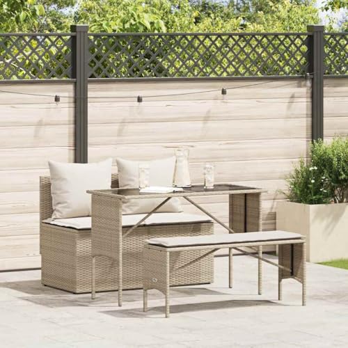 Massbinet 3-TLG Garten-Esszimmer-Set Gartentisch mit Kissen Beige Rattan von Massbinet