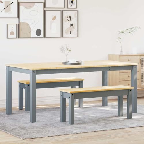 Massbinet 3-TLG. Essgruppe Panama Grau Massivholz Kiefer Esstisch mit Stühlen Holz Set Industrial Modern Esszimmer Küche Stühle Tisch Möbel Esszimmerstühle Sitzgruppe von Massbinet