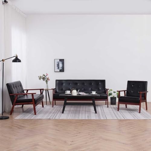 Massbinet 3-TLG. Sofagarnitur Schwarz Kunstleder Polstersofa mit Armlehnen Beine aus Hölzerne Beine von Massbinet