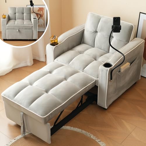 Massbinet 3-in-1 Ausziehbares Einzel-Schlafsofa – Mit Getränkehaltern und Handyhalter Sofa-Liegestuhl Schlafstuhl Sessel perfekt für kleine Räume 83 * 167 * 76cm Antikbronze-Grau-Weiß von Massbinet
