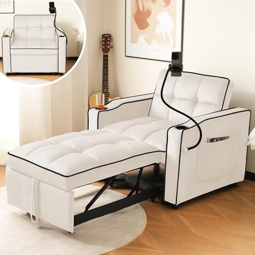 Massbinet 3-in-1 Ausziehbares Einzel-Schlafsofa – Mit Getränkehaltern und Handyhalter Sofa-Liegestuhl Schlafstuhl Sessel perfekt für kleine Räume 83 * 167 * 76cm Beige von Massbinet